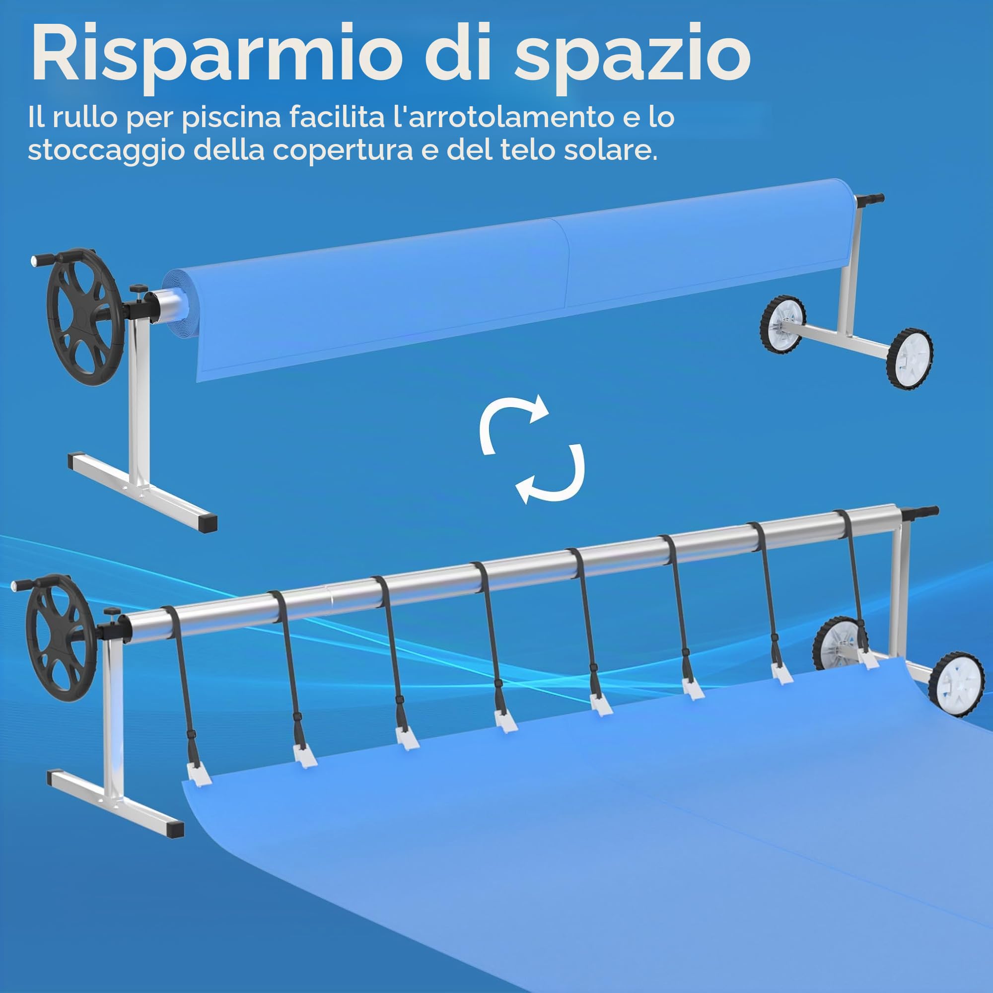 LZQ Avvolgitore per piscina mobile in alluminio + sistema di avvolgimento in acciaio inox, con 8 nastri di fissaggio per telone solare e piscina | 3 m – 5,70 m regolabile
