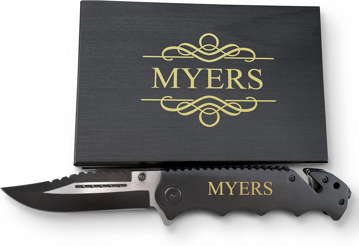 BRAY Customized Outdoor Knife With Glass Breaker and Seat Belt Cutter, Black Finished Knife, Black Survival Tactical Knife