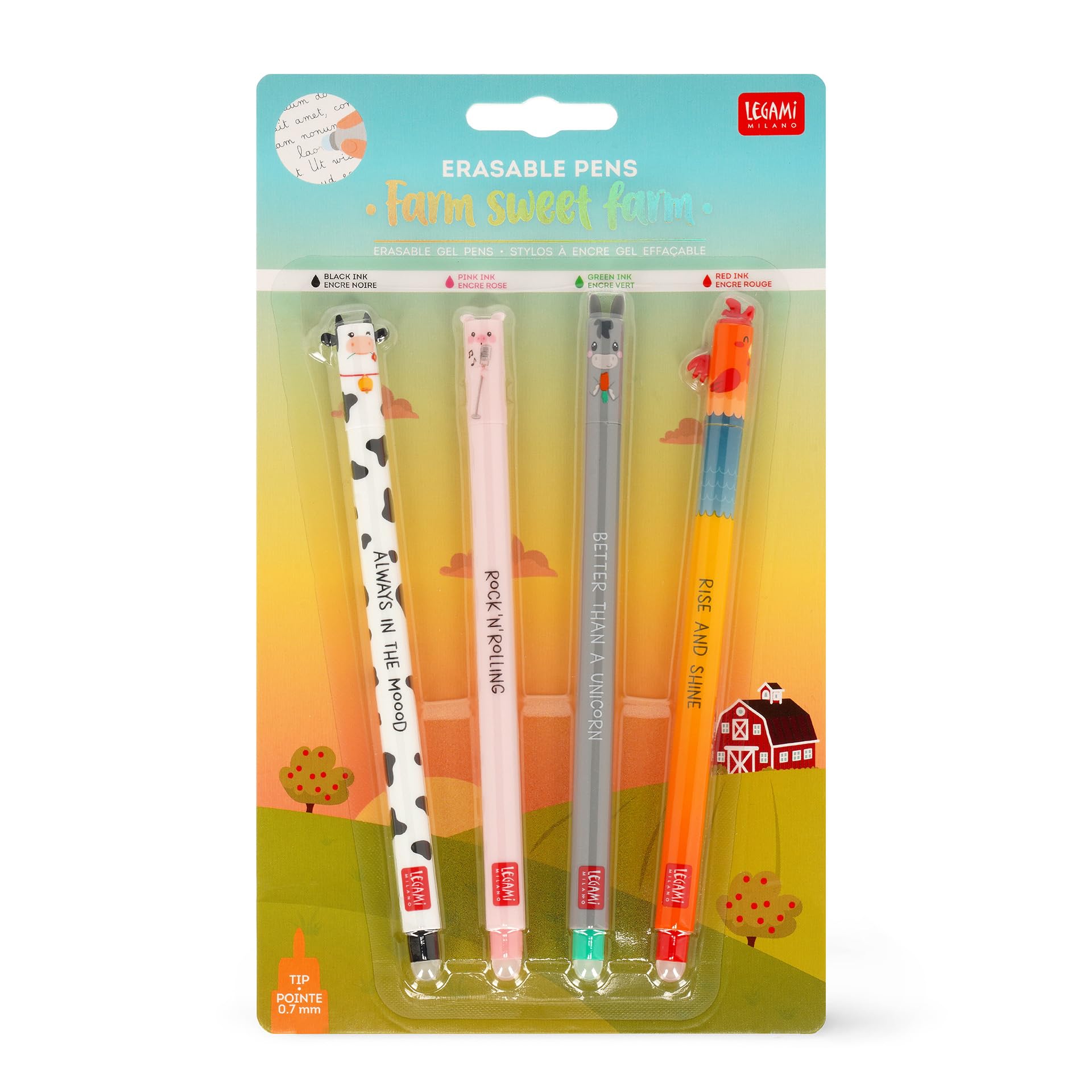 Legami Set di 4 Penne Gel Cancellabili Farm Sweet Farm, Inchiostro Termosensibile, Nero Rosa Verde Rosso, Punta 0,7 mm