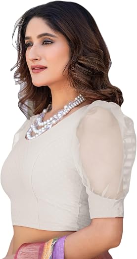 Amazon Brand - Anarva Round Neck Lycra Stretchable Puffed Elbow Sleeve Readymade Saree Blouse for Women Stylish