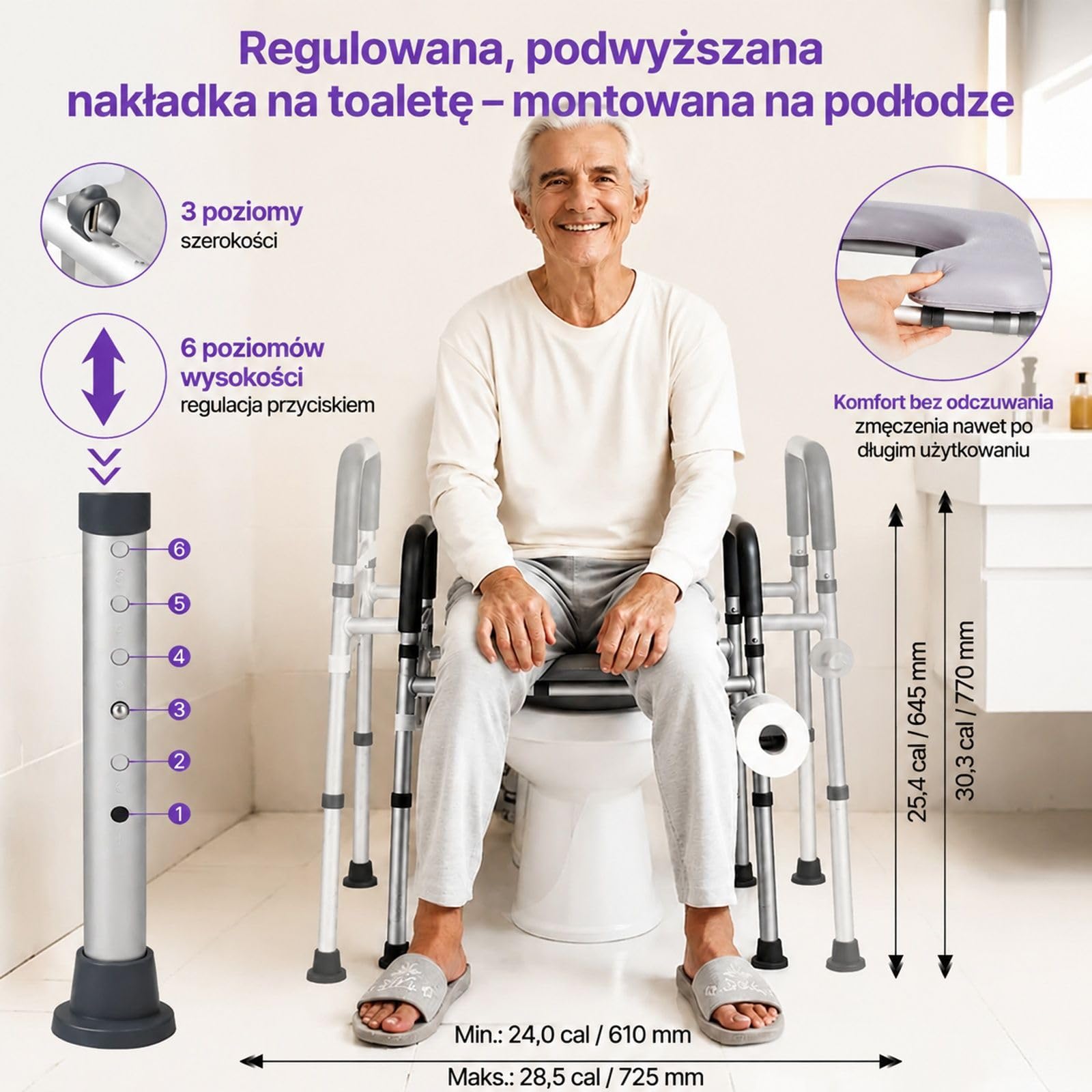 Regulowana podwyższona nakładka sedesowa z podłokietnikami, czterema nogami, miękko wyściełanym siedziskiem i ramą ze stopu aluminium