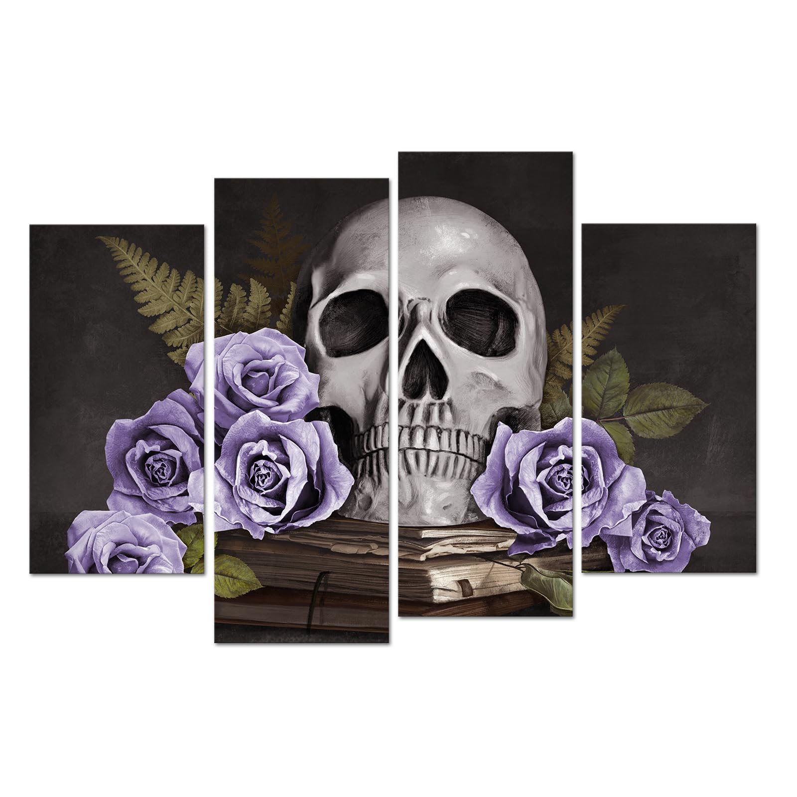 DuoBaorom 4 Pieces Skull Canvas Gothic Wall Art Abstract Purple Rose Skeleton Picture for Bedroom Festival Wall Decoration 32"x48"