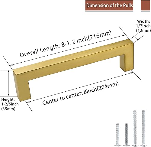 Miniatura 9 de Goldenwarm LSJ12GD192 - Manijas doradas de latón cepillado para cajones y armarios, manijas modernas y cuadradas para cocina, distancia de orificios