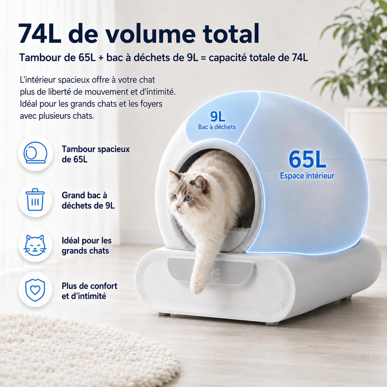 Litière Chat Automatique Autonettoyante XXL 65L, Contrôle par Application WiFi 2,4 GHz, Bac à Déchets 9L, Gestion Multi-Chats, Surveillance du Poids et de l’Utilisation, pour Chats 1 à 8 kg