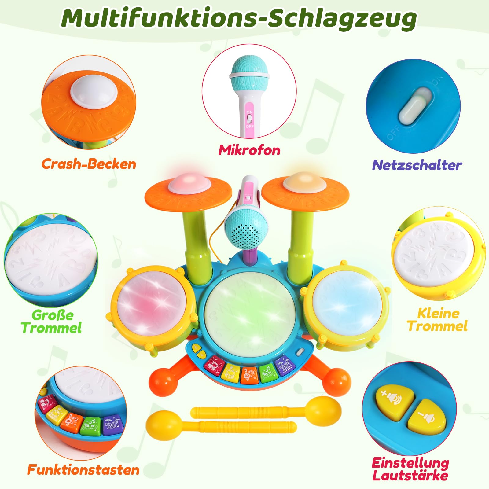 Schlagzeug Kinder Spielzeug - Musikinstrumente Mit Kinderreimen & Lichtfunktionen Baby Musikspielzeug Trommel Kinder Geschenkidee 1 2 Jahre Jungen Mädchen