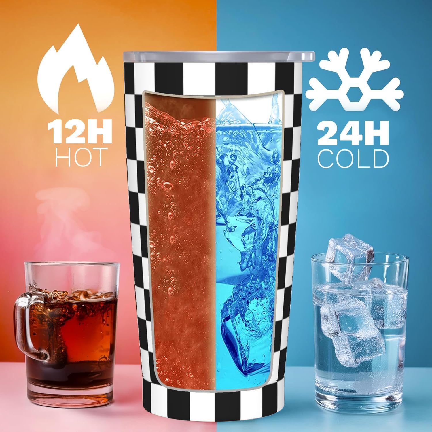 Checkered Tumbler 20 OZ with Lid and Straw, Insulated Tumbler Cup Mug, Checkered Gifts for Men Women - Image 3