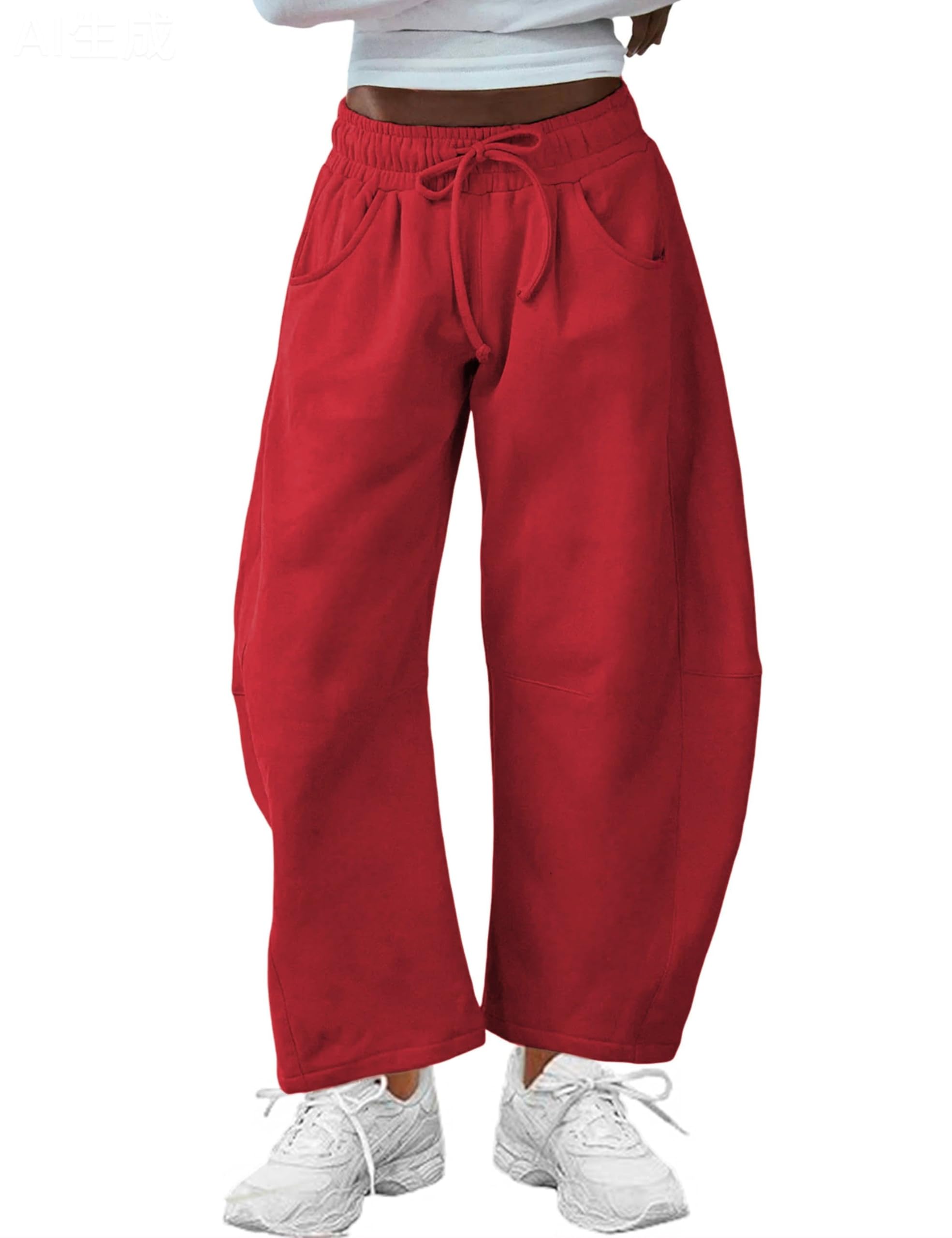 SeekMe Womens Barrel Leg Sweatpant Drawstring Elastic Waisted Wide Leg Pants Casual Cotton Palazzo Trousers with Pockets