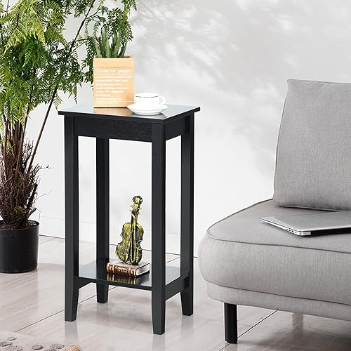 Miniatura 2 de Giantex Mesa auxiliar de 2 niveles, mesita de noche alta, diseño simple con estante versátil y patas de madera para espacios pequeños, sala de