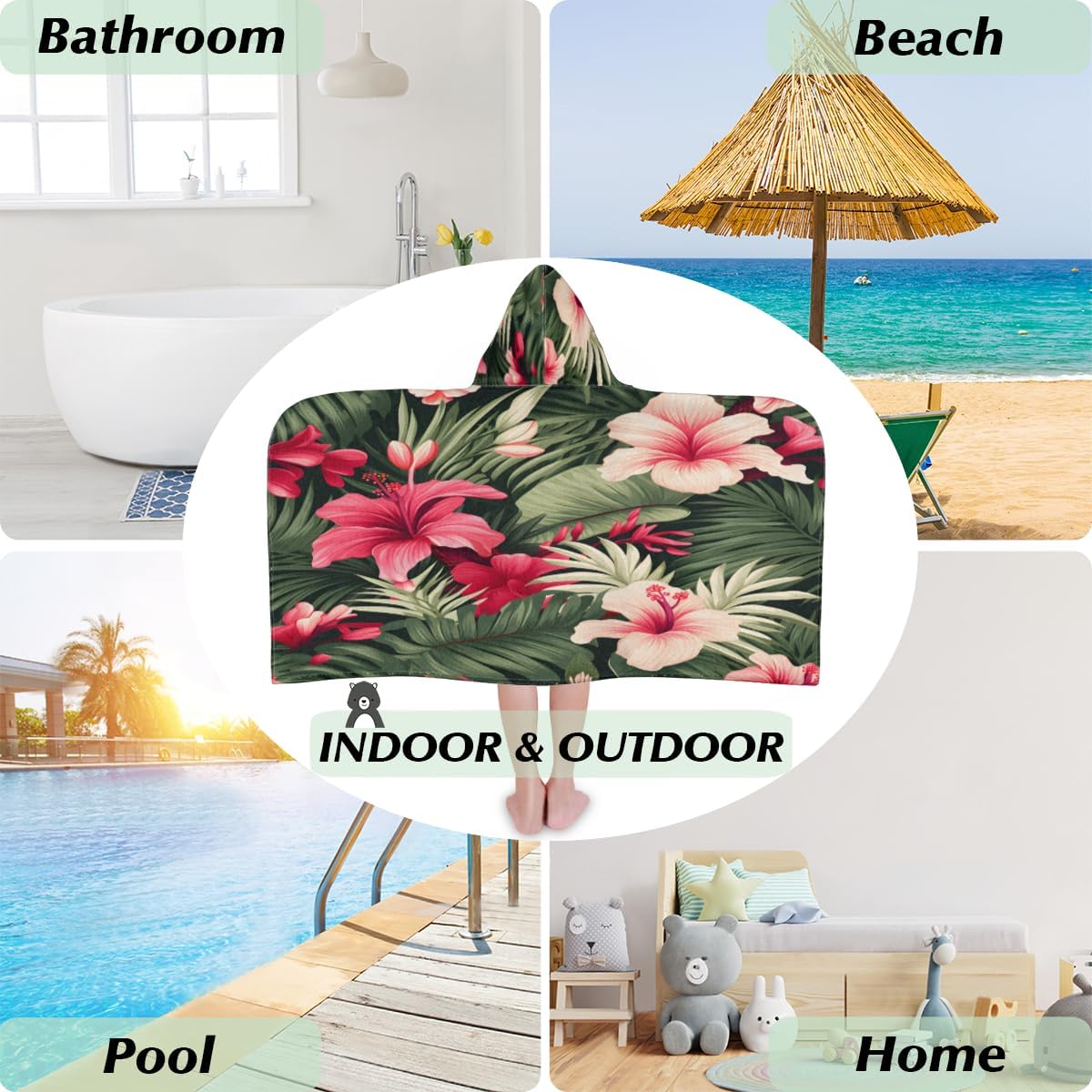 Kids Bath Towel Tropical Flower Palm Beach Towel with Hood Pool Cover Up for Girls Boys Soft Absorbent Hooded Bath Towel Toddler Towels for Beach, Pool