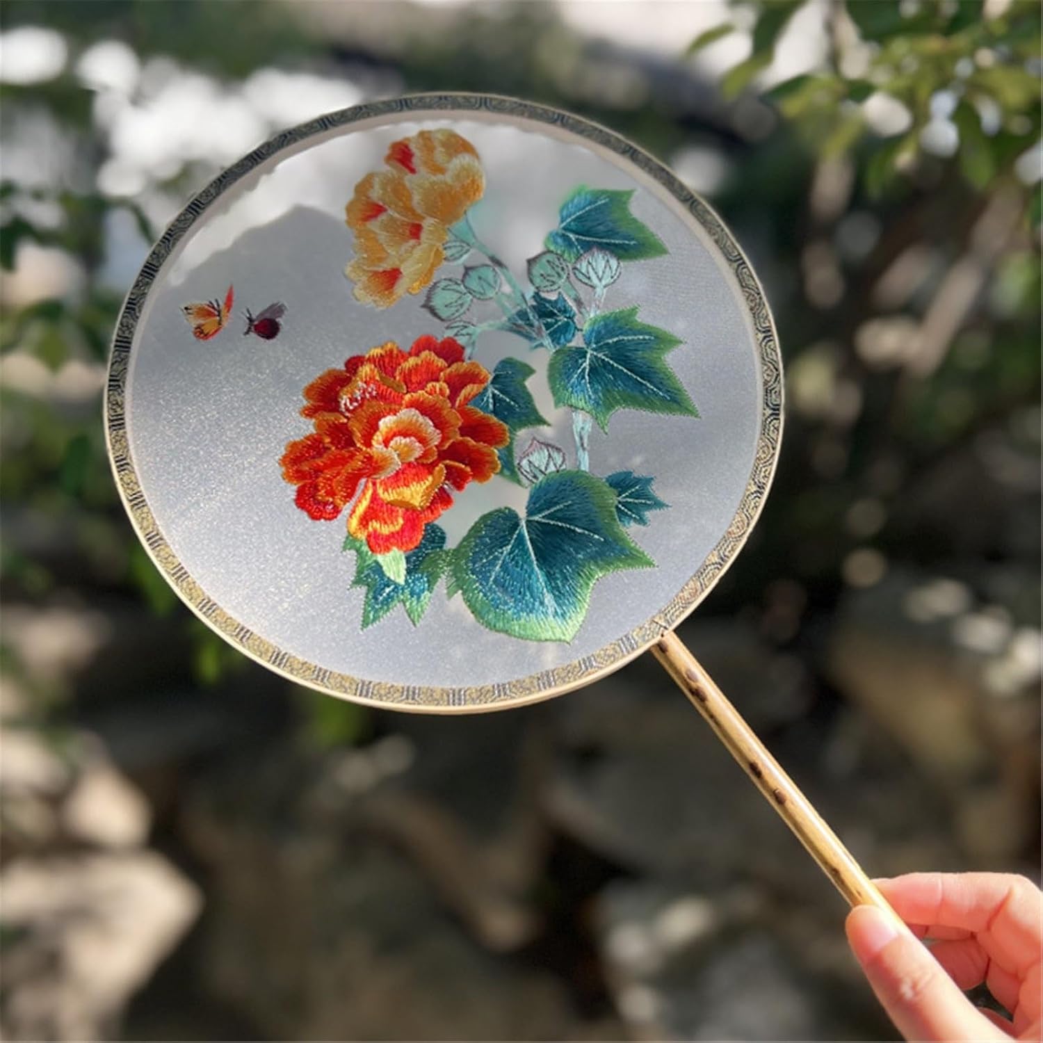 Round Hand Fan Women's Group Fan Double-sided Embroidery Round for Outdoor,Travel,Events