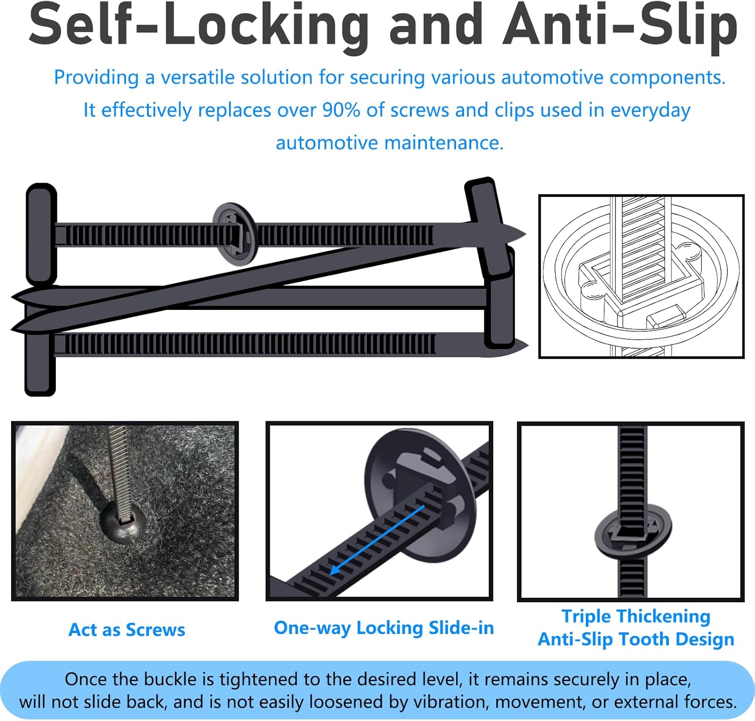 160PCS Upgraded Nylon Universal Cable Tie Buckles - New Multifunctional Nylon Zip Ties With Pin & Button Design Plastic Cable Ties Tool Fasteners Car Body UV Resistant Zipties for Car Daily Repair