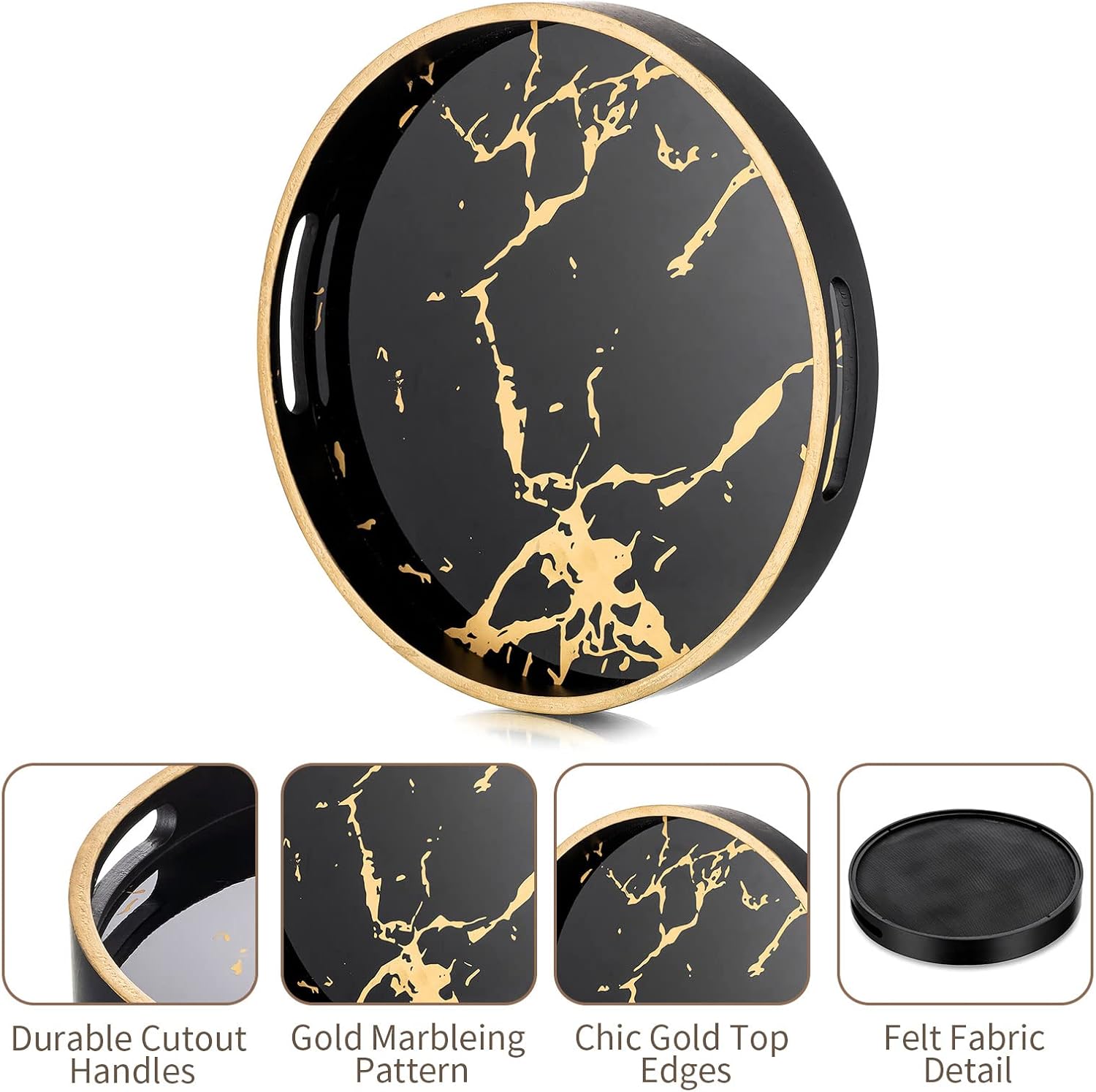 Hanobe Round Decorative Coffee Tray: Marble Black Serving Circle Tray with Handles Bar Table Trays for Living Room Drink Party Home Kitchen