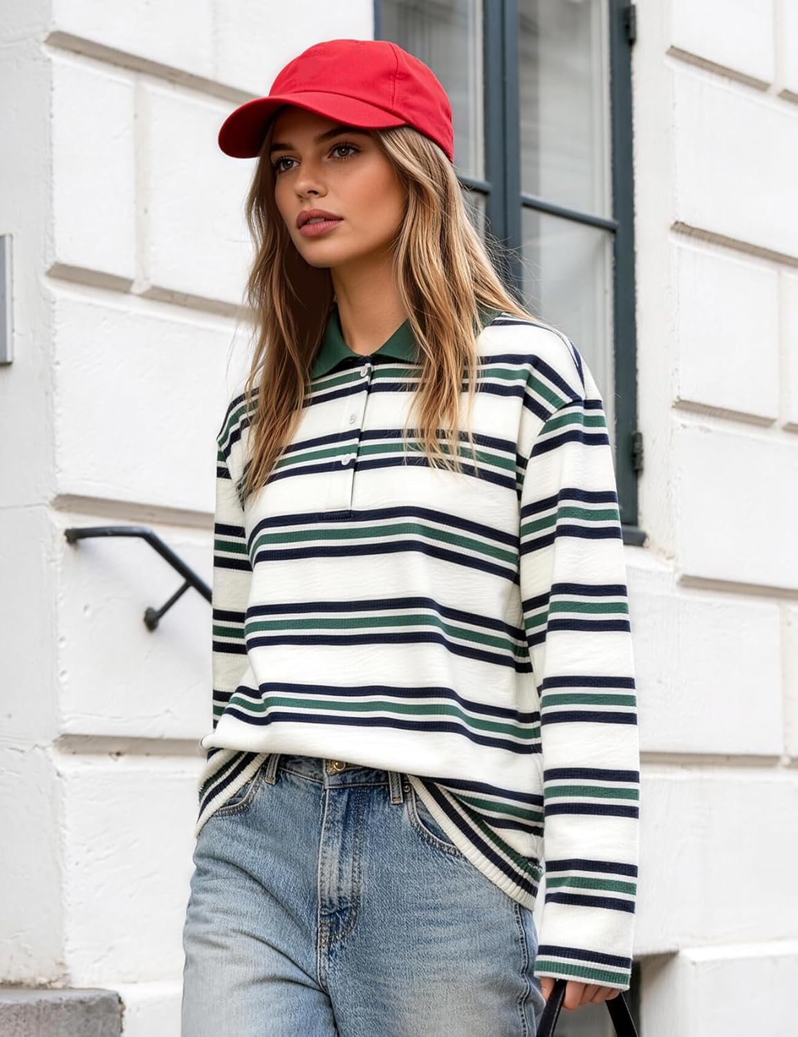Flygo Womens Rugby Striped Polo Shirts Vintage Long Sleeve V Neck Preppy Pullover Top Y2K Lapel Collar Button Sweatshirts Tee