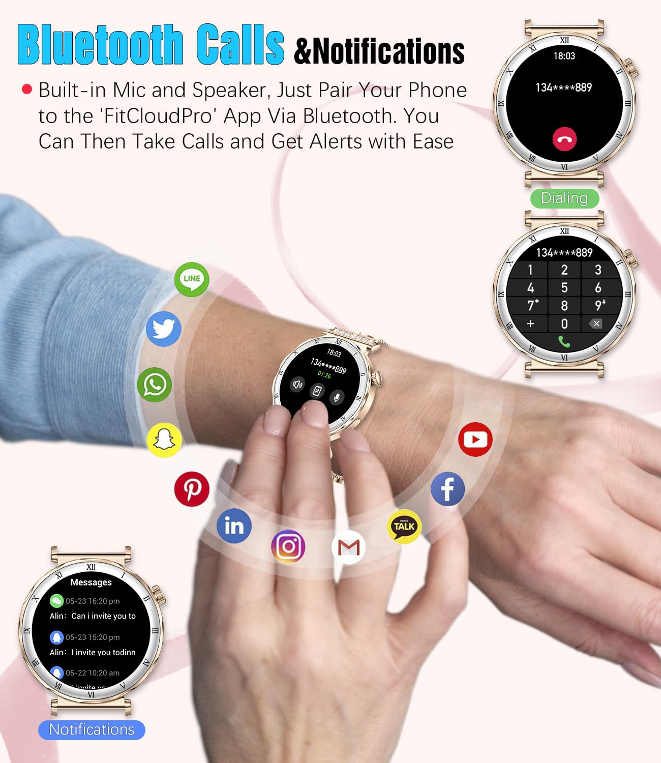 Montre intelligente pour femmes, écran AMOLED HD de 1,19" - Smartwatch pour femmes, bracelet de fitness avec moniteur de fréquence cardiaque/sommeil, appel Bluetooth, étanche IP67, compatible avec iOS