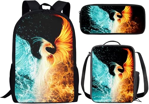 Amzbeauty Cool Phoenix Backpack with Lunch Bag Pencil Case kids Teen Boys Girls Backpacks Set School Bookbags