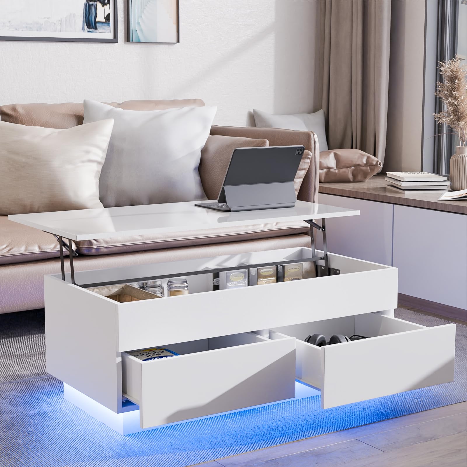 LED Coffee Table with Lift Top Morden Coffee Table with Storage High Gloss White Sofa Table for Living Room Center Tables Hidden Compartment & 2 Drawers