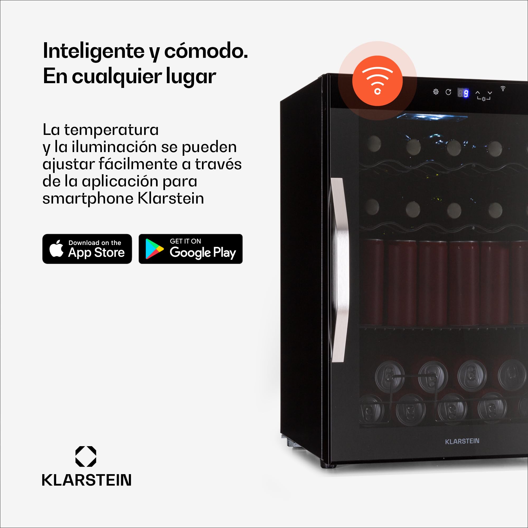 KLARSTEIN Coachella 60 Nevera para Bebidas - 60L Frigorífico para Bebidas con Wifi, Puerta de Cristal, Iluminación Led, 3-18°C, 3 Estantes Metálicos, 7 Colores, Negra