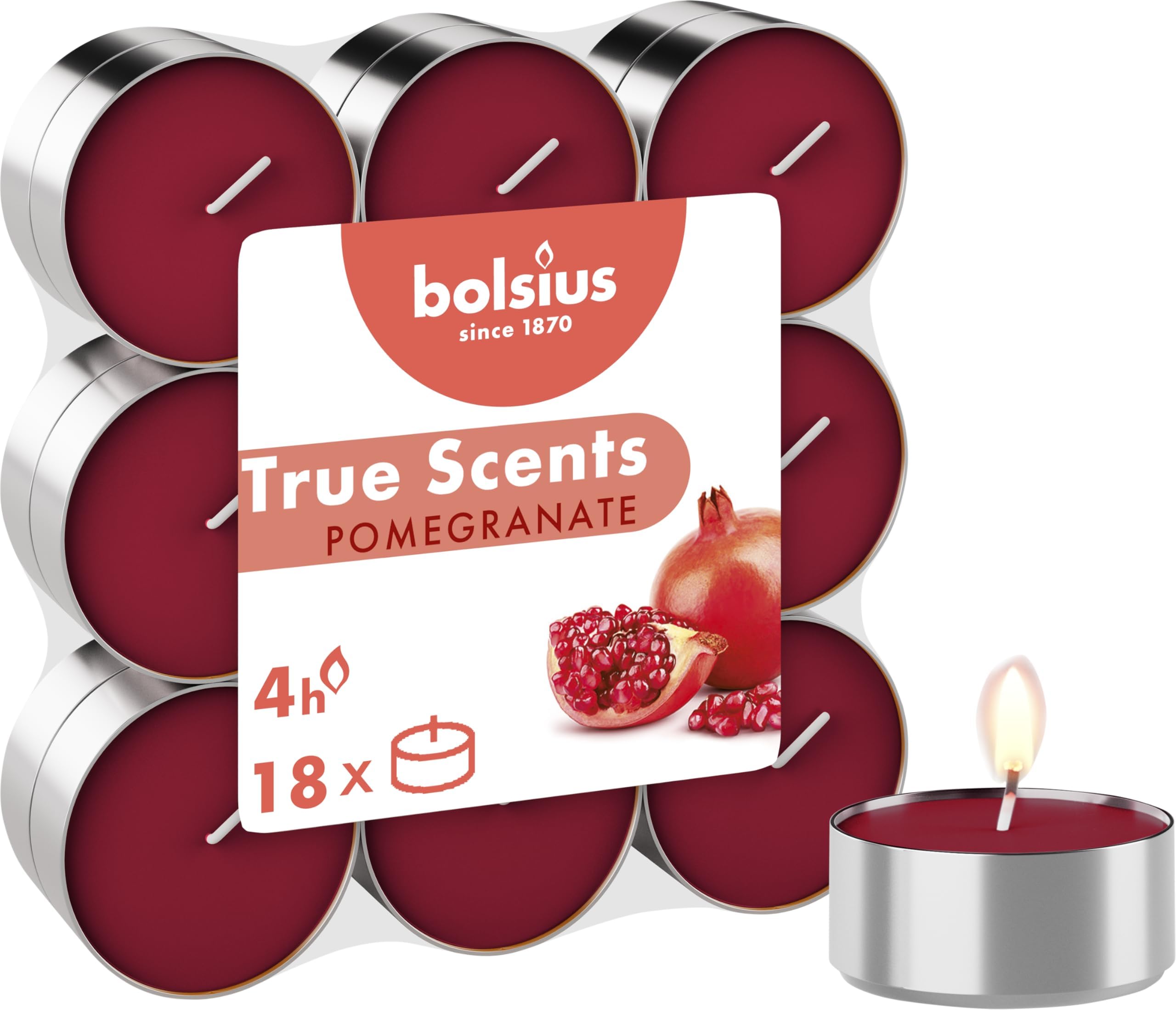 BOLSIUSFragrance Tealights - Pomegranate - Pack of 18 - Burning Time of 4 Hours - Household Candle - Interior Decoration - Natural Extracts - Includes Natural Vegan Wax - No Palm Oil