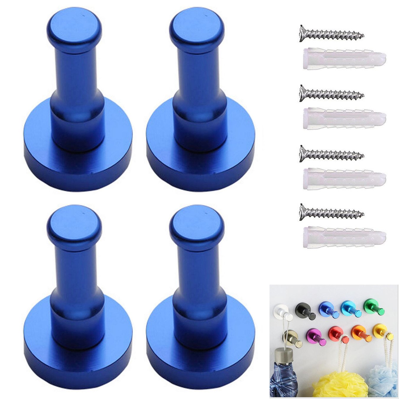 Uooom Blue 4 Pcs Space Aluminum Wall-Mount Coat Robe Hooks Colorful Clothes Towel Hook Hanger (Blue)