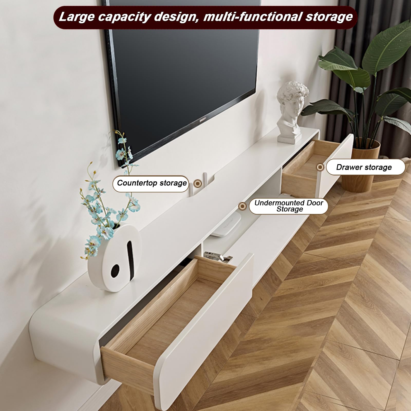 FPIGSHS TV Lowboard Hängend mit 2 Schublade TV Board 120-200 cm, Modern TV Schrank fernsehschrank für Wohnzimmer Schrank fernsehtisch Hängeschrank Multimedia Wandregal (B, 120cm)