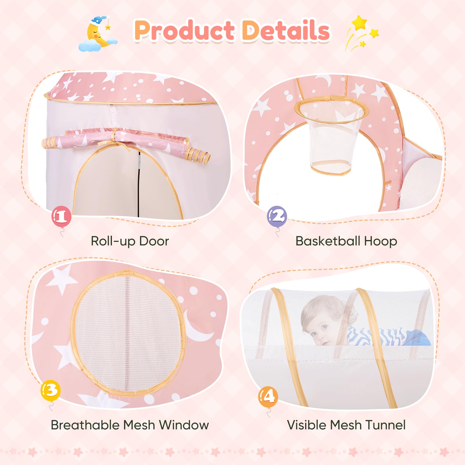 Tente de Jeu 3 en 1 pour Enfants avec Tunnel et Piscine à balles, maisonnette de Jeu château escamotable pour intérieur et extérieur, Vide sanitaire Pliable avec Panier de Basket