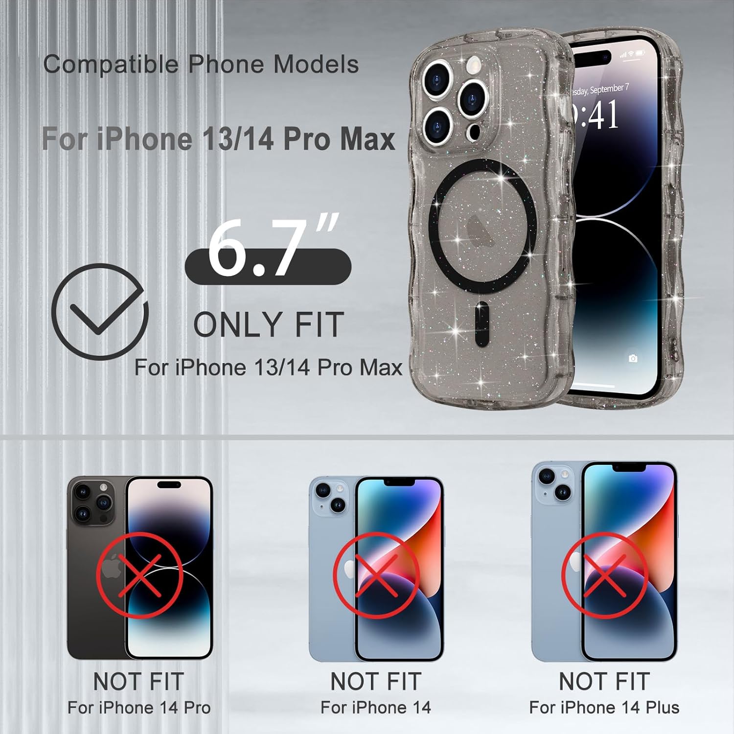 Magnetic for iPhone 14 Pro Max Case Clear, Sparkly Bling Glitter Cute Curly Wavy Cover for Women Men Compatible with MagSafe TPU Shockproof Protective Phone Case for iPhone 14 Pro Max, Black - Image 2