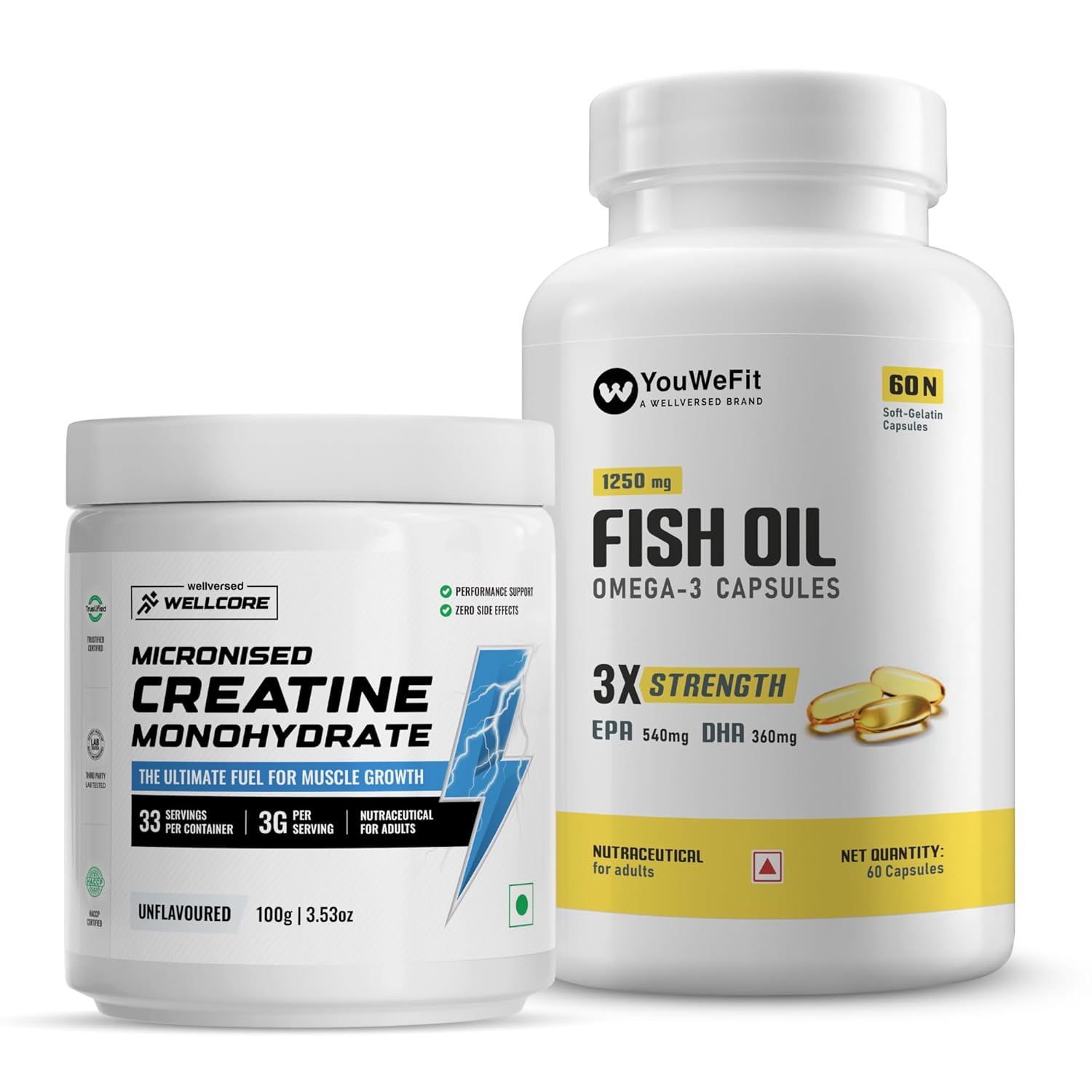 Wellcore Creatine Monohydrate (100gm, 33 Servings)+YouWeFit Omega3