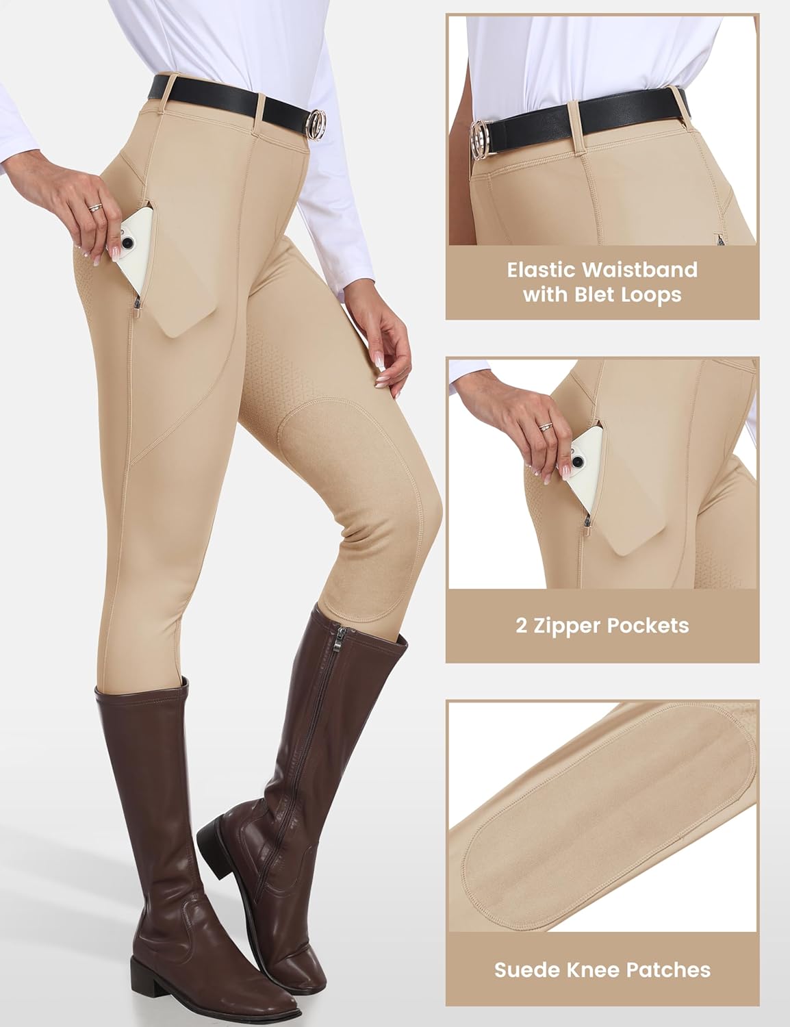 MoFiz Women's Horse Riding Pants Full Seat Silicon Knee-Patch Equestrian Breeches Horseback Schooling Tights Zipper Pockets - Image 6