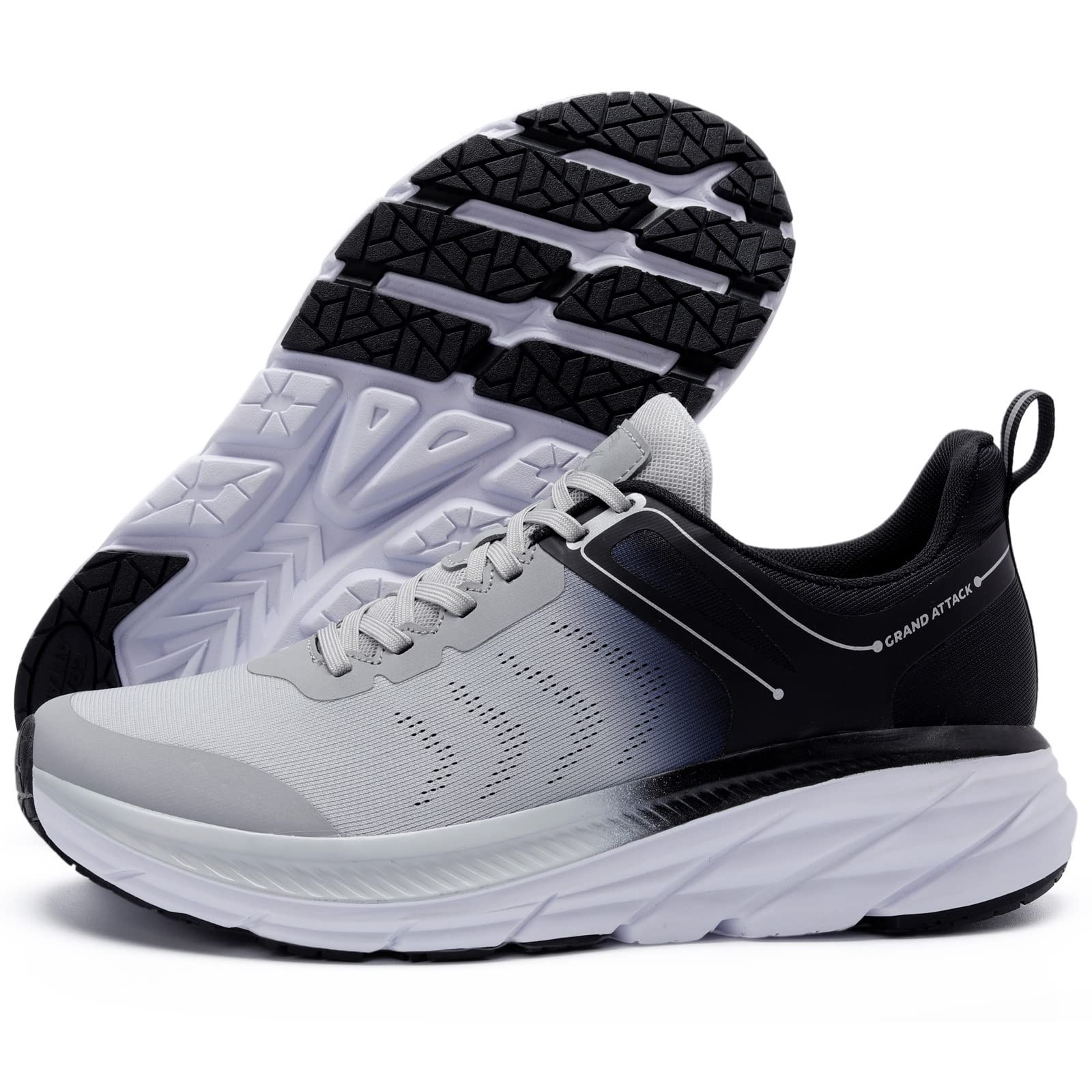 Grand Attack Road Running Shoes for Men with Superior Cushioned Comfort Lightweight Mens Walking Shoes Non-Slip Breathable Athletic Tennis Cross-Training Shoes Rugby Sneakers Size 8.5 Black Grey