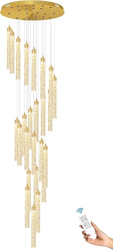 Miniatura 8 de Candelabros de escalera dorados de 157 pulgadas de largo, 25 luces, modernos LED regulables, lámpara de iluminación inclinada de techo alto con