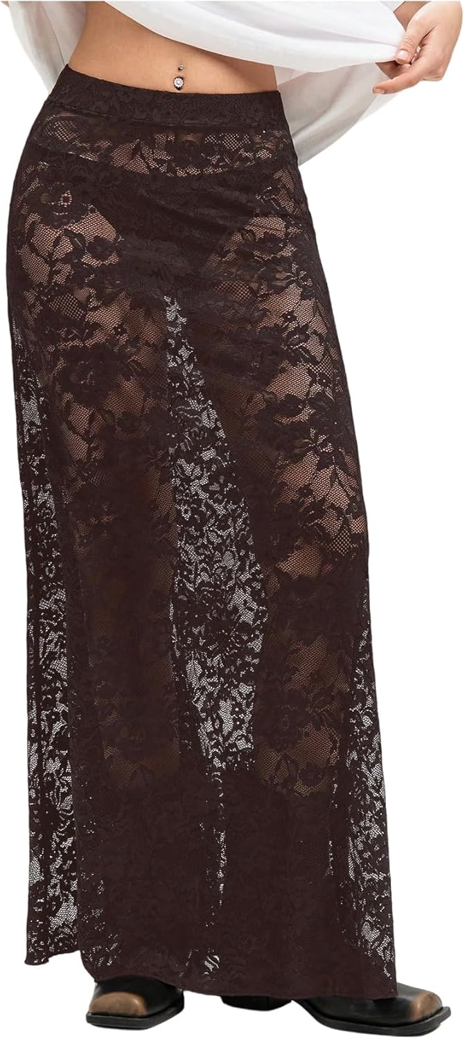 Milumia Women's Sexy Sheer Mesh Lace Maxi Skirt Y2k See Through Flowy Long Skirt