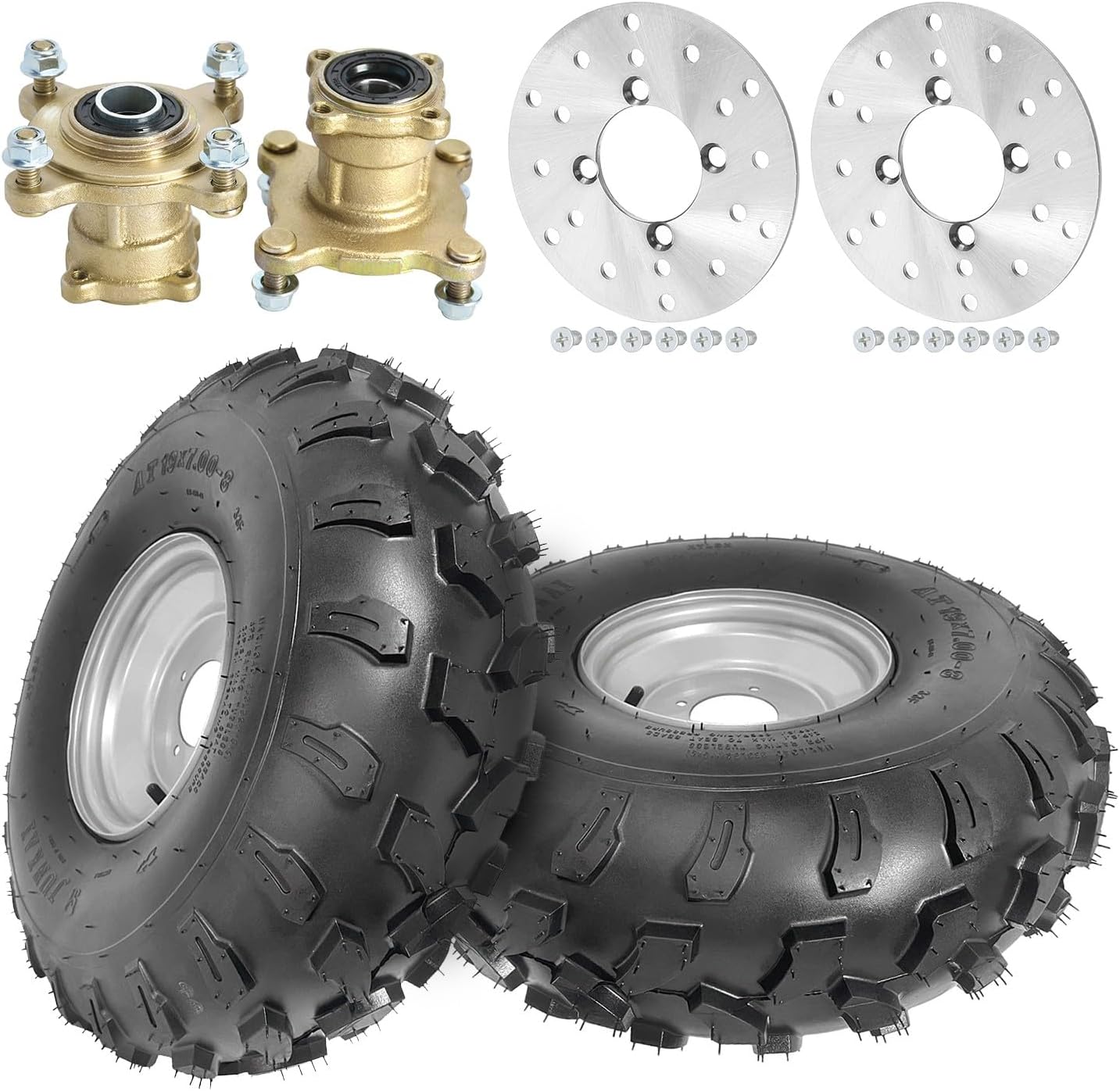 19x7.00-8 19x7-8 Tire and Rim 19x7x8 ATV Wheels & Front Hubs Spindles & Brake Disc Rotor and Caliper Assembly Kit Universal for 4 Wheelers Karting ATV UTV Drift Trike Golf Cart Quad Buggy Lawn Mower