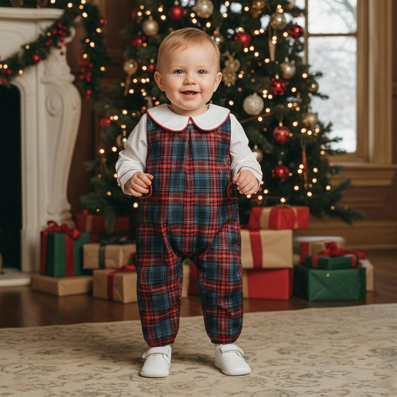 Newborn Baby Boy Christmas Outfit Long Sleeve Doll Collar Tops Plaid Overalls Pants 2Pcs Fall Winter Xmas Clothes - Image 3