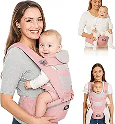 AIEBAO Bolsa Para Bebê Canguru Classic, Assento Ergonômico, 03 Modos de Uso, Apoio Lombar, Com Suporte de Cabeça, Bolso Frontal e Lateral, Até 48 Meses, Suporta 36kg, Acolchoado, Fivelas Ajustáveis, Rosa.