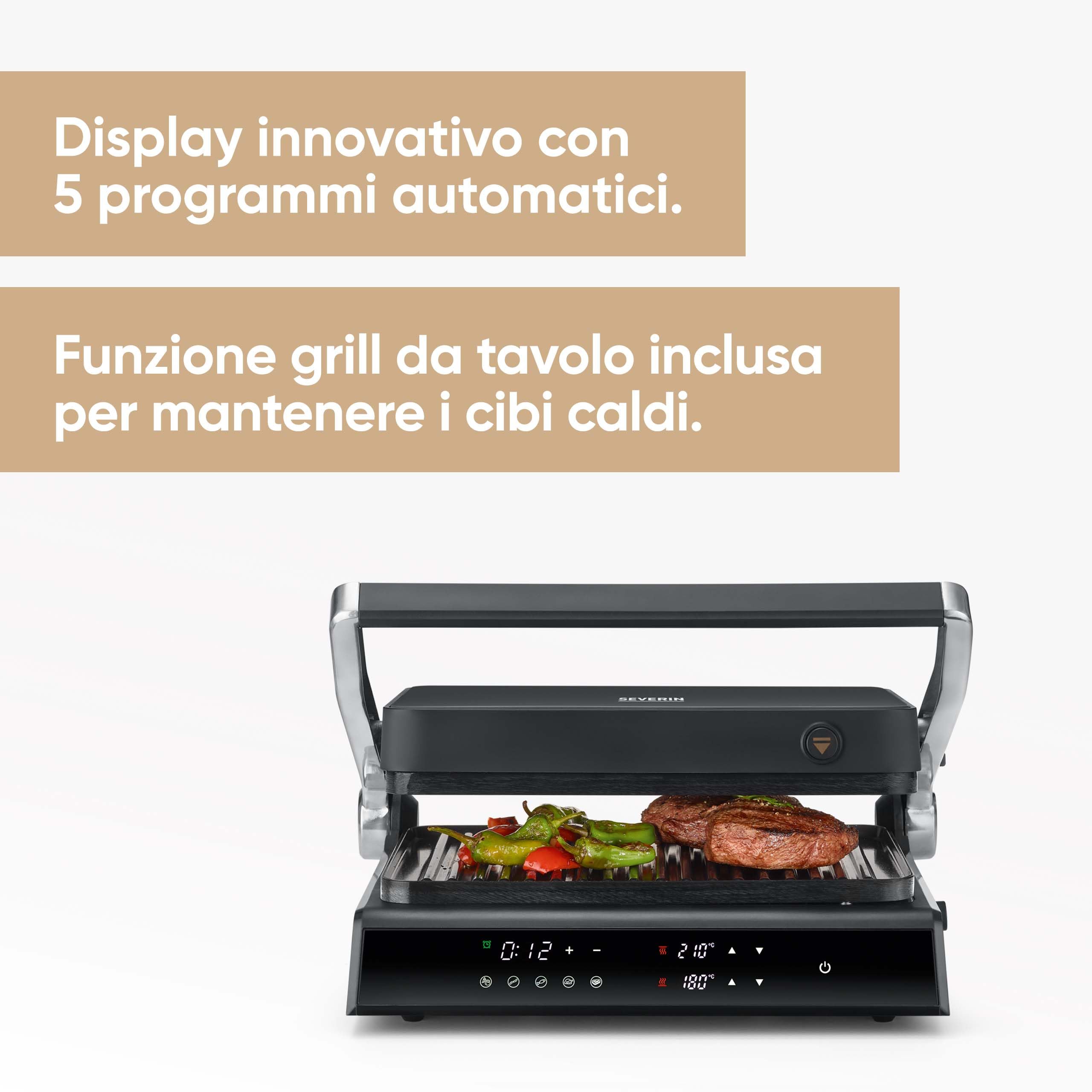SEVERIN SEVINI Comfort per carne, pesce e verdura, macinino digitale per grigliare senza grassi con 5 programmi auto, rivestito in ceramica, per interni fino a 230 °C, 1800 W, nero, KG 2399