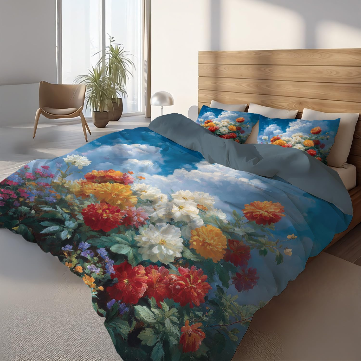 Generisch Kwiatowy komplet pościeli 155 x 220 cm, błękitna, poszwa na kołdrę dla dzieci, młodzieży i dorosłych, kolorowe kwiaty, niebo, żywe, miękkie, puszyste, oddychające, z mikrofibry
