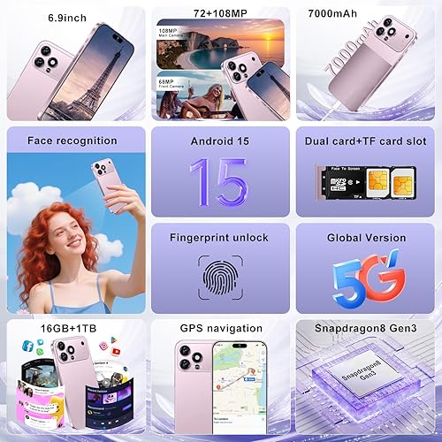 Miniatura 3 de 17 ProMa x Smartphone desbloqueado, pantalla HD de 6.99 pulgadas, teléfono 5G de 16+1 TB desbloqueado, 7000 mAh, cámara de zoom de 72+108 MP, botón