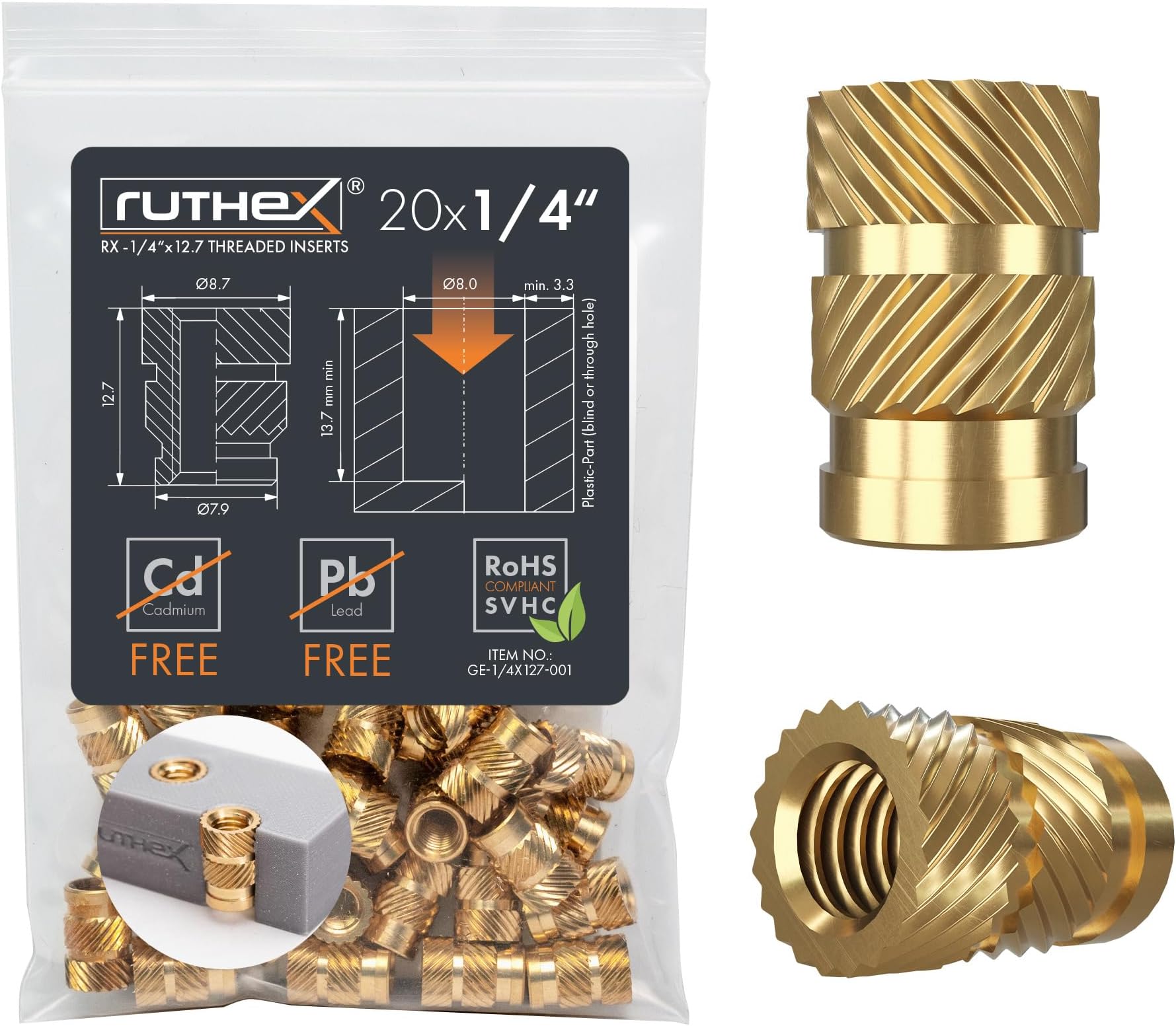 ruthex 1/4" Threaded Inserts - 20 Pieces RX-1/4“-20x12.7 Brass Heat Set Insert for Plastic Parts - Inches knurled Nuts - Insert by Heat into 3D Printing Components