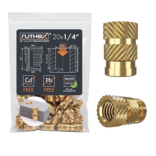 ruthex Insertos roscados de 1/4 de pulgada – 20 piezas RX-1/4"-20x12.7 Insertos de latón para piezas de plástico – Tuercas moleteadas en pulgadas –