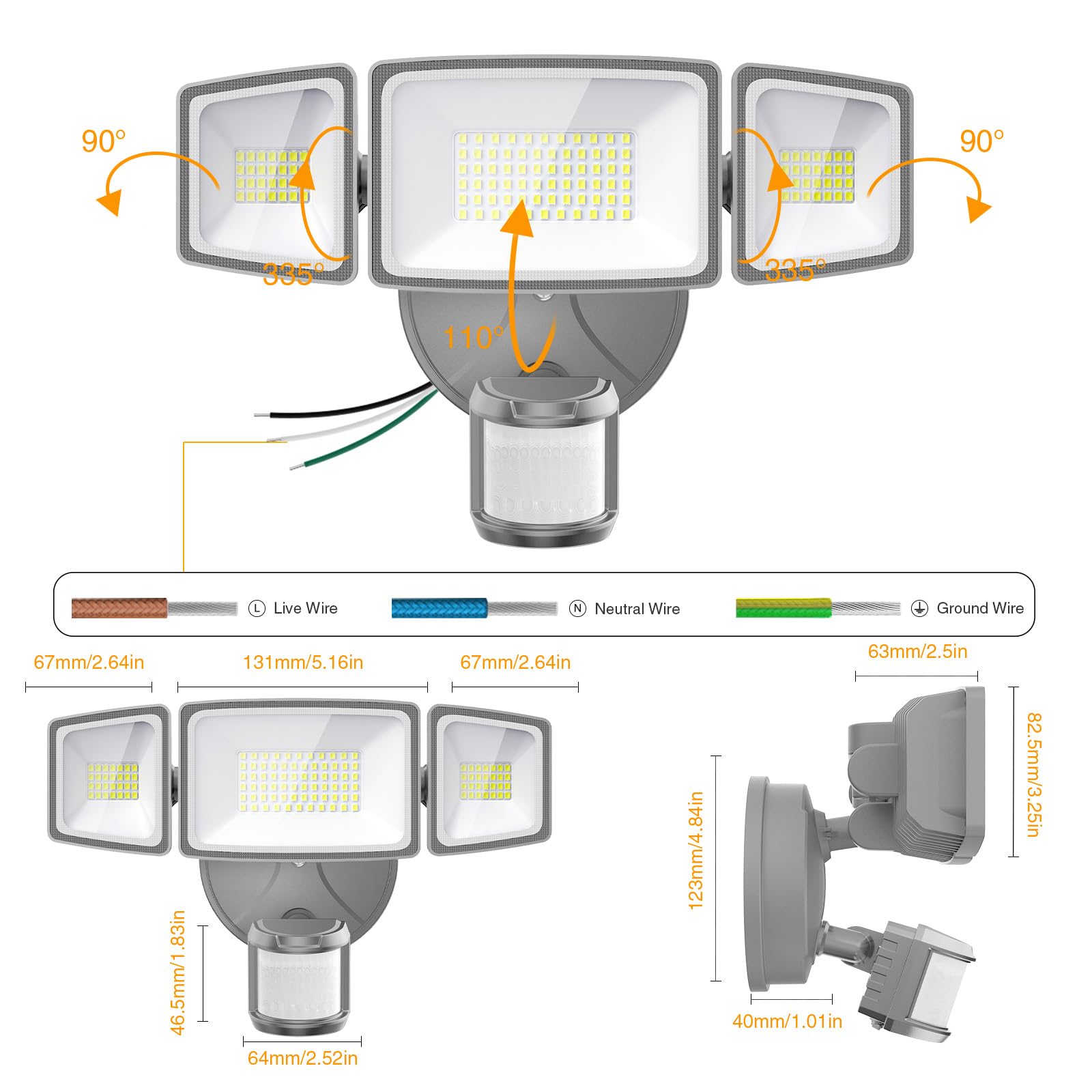 Onforu 55W Foco de Seguridad con Sensor de Movimiento, 3 Cabezas 5000 LM Foco Exterior LED, IP65 Impermeable Proyector Foco LED con Detector, 6500 K Blanco Frío para Jardín, Patio, Garaje, Entrada