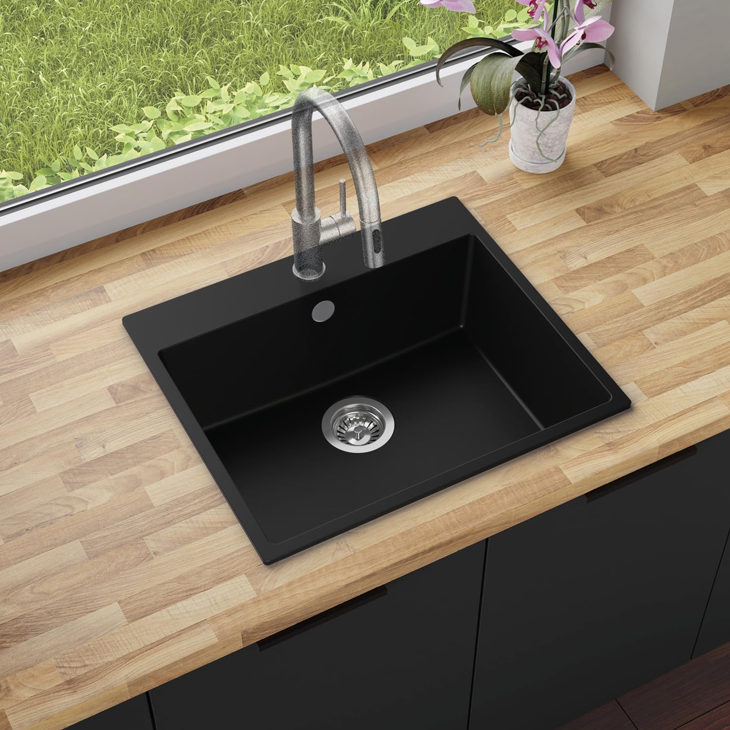 Granitspüle 58x50cm für Unterschrank 60 cm | Küchenspüle mit 1 Becken Amber 60 | Schwarz