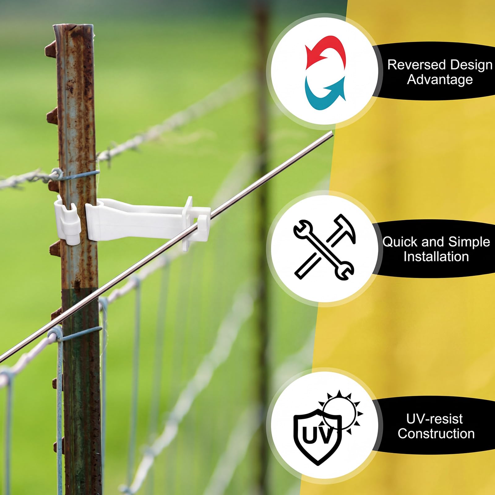Outus Umgekehrte Verlängerung, Elektrozaun, T-Pfosten-Isolatoren, Schnappbefestigung, T-Pfosten-Isolatoren für Elektrozaun, Draht, Hof, landwirtschaftliche Rancher, Bauernhof, Weiß, 100 Stück