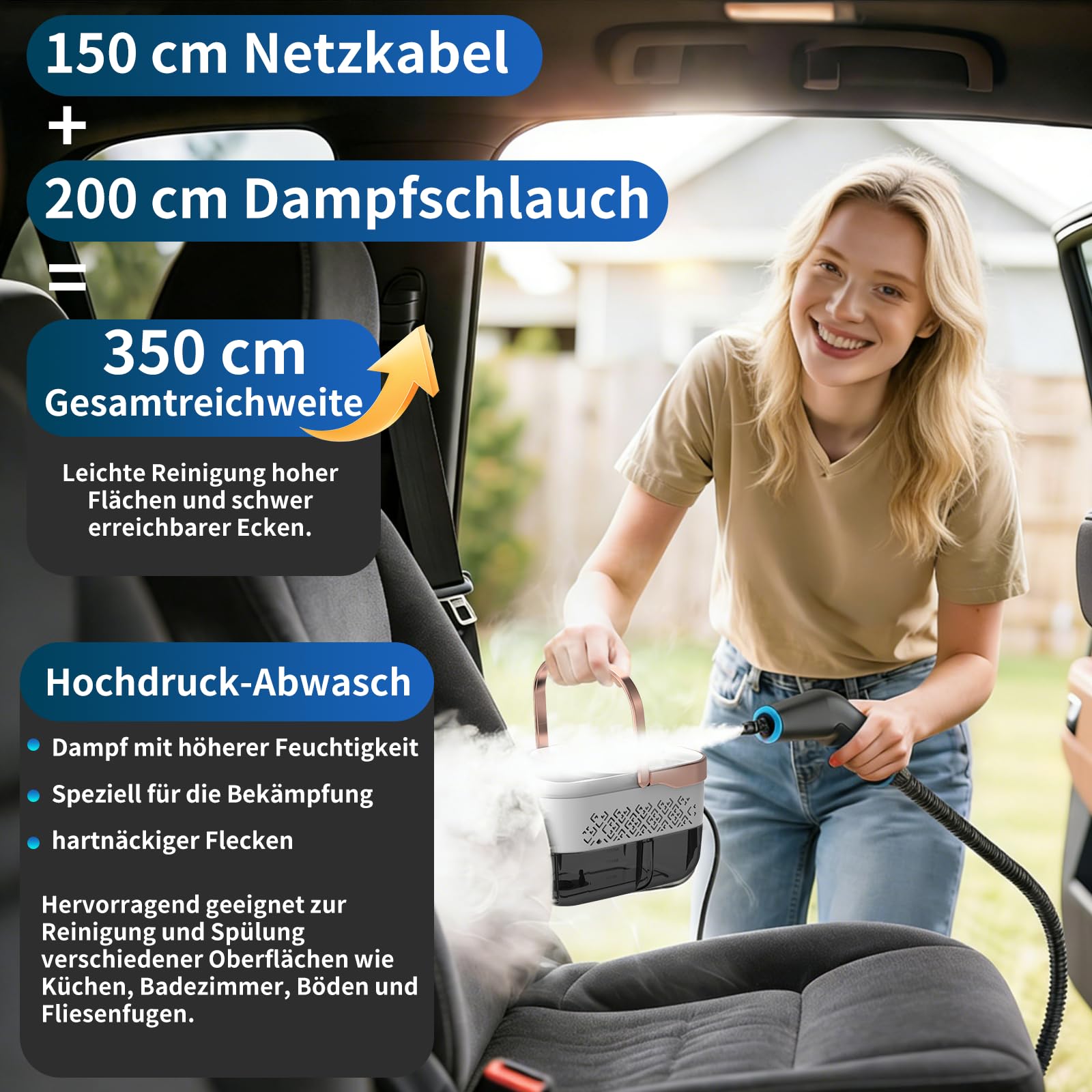 Dampfreiniger Handgerät, 2500W Handdampfreiniger, 8 Düsen, 6 Dampfstufen, 1250 ML Tank, 105℃ Hochtemperatur, 4 BAR Hochdruck, 15S Heizzeit, Tragbarer Dampfreiniger für Auto Küche Bad Polster
