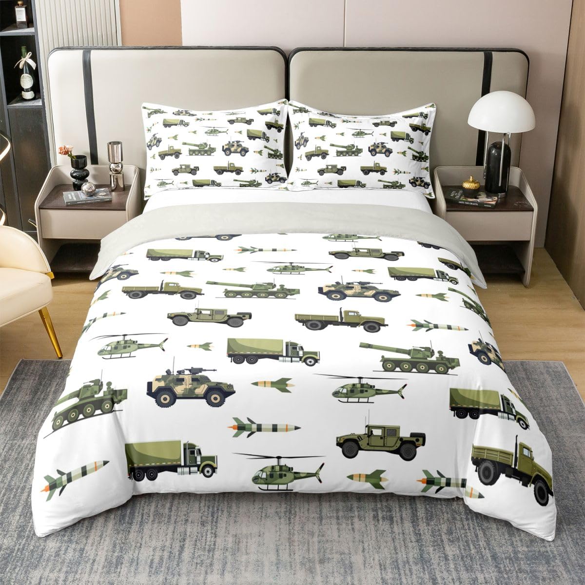Housse de Couette 220x240 Coton Homewish avec Parure de Lit Enfant Motif Tanks et Avion Vert Armée