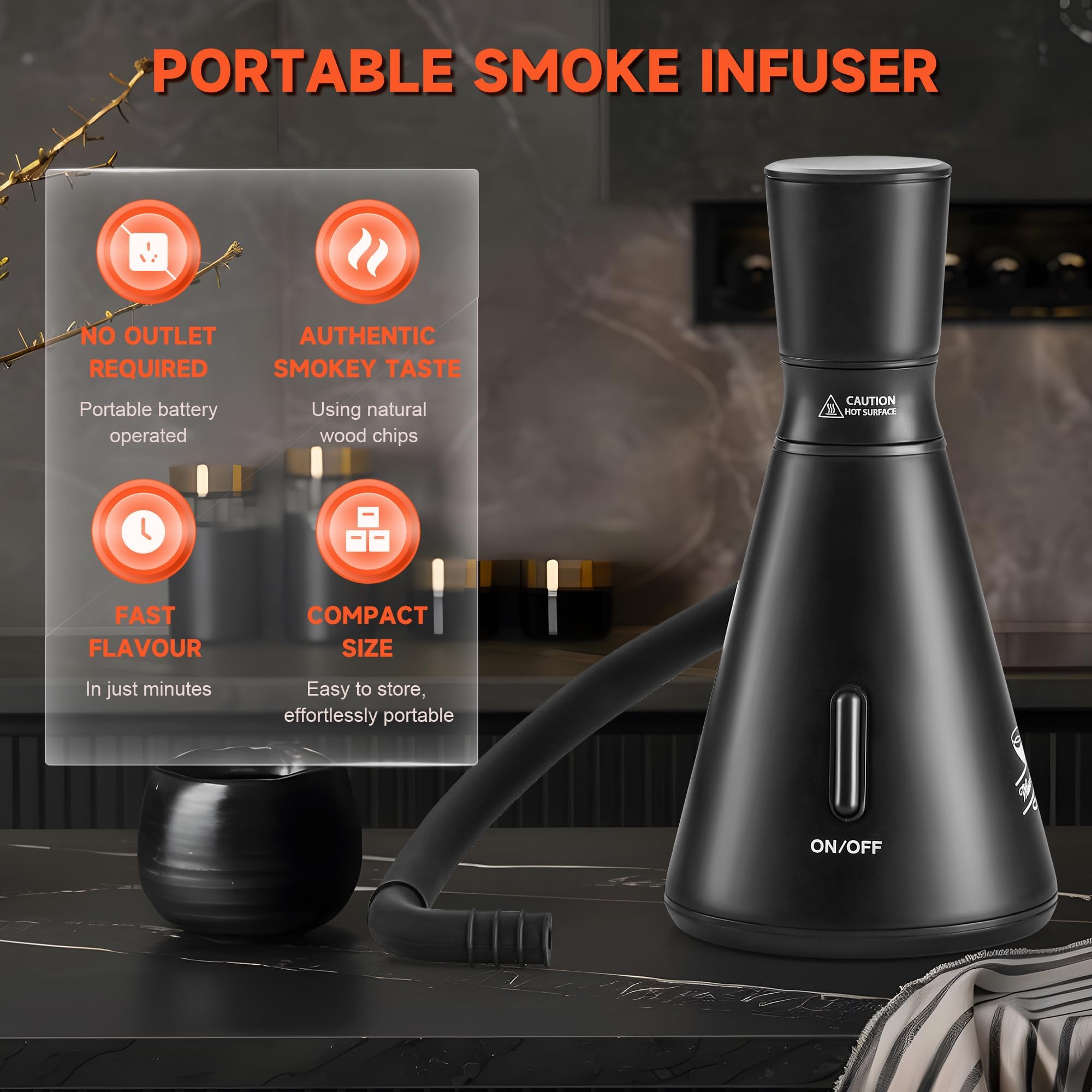 Elegant Cocktail Smoker Kit - Complete Whiskey Drink Smoking Gun with 8 Flavors of Wood Chips, Dome, and Accessories, Adds Flavor to Food and Drinks, Infuser Kit for Indoor Outdoor Use (Black) - 3