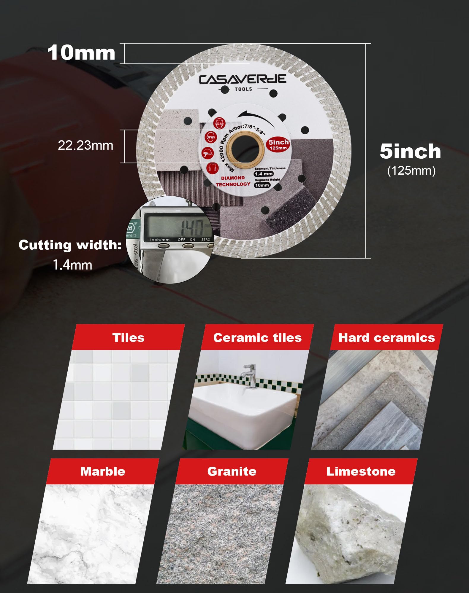 Casaverde 2Pcs Super Thin Diamond Cutting Disc 125mm x 1.4mm x 22.23mm,Ideal for Porcelain,Ceramic,Marble,Granite & Concrete - Image 4