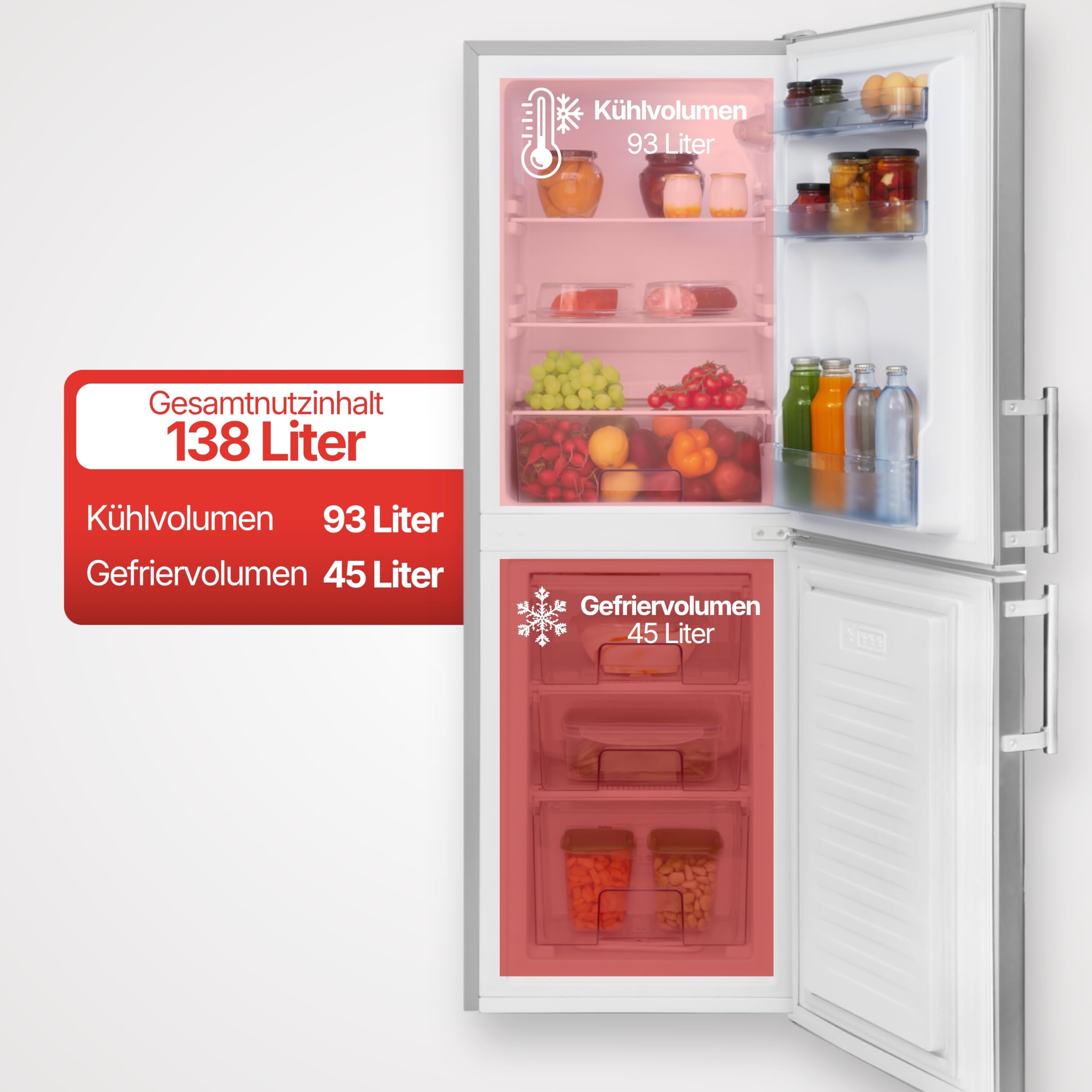 Amica Kühl-Gefrierkombination 138 L 148x52x59 cm KGC 384 111 E | 93 L Kühlteil, 45 L Gefrierteil, Automatische Abtauung, LED Beleuchtung, Gemüseschublade, 3 Gefrierschubladen, Eiertablett