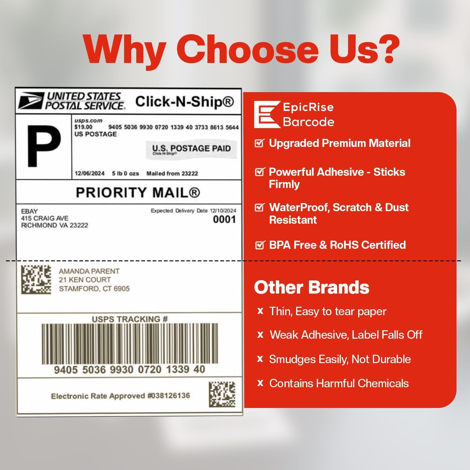 Direct Thermal Labels Roll 2-1/4" x 1-1/4",10 Rolls(10,000 Labels),Compatible with Zebra, Rollo,Eltron &TSC Label Printer,Strong Adhesive Perforated shipping labels for Packages, Barcodes & Office Use - Image 7