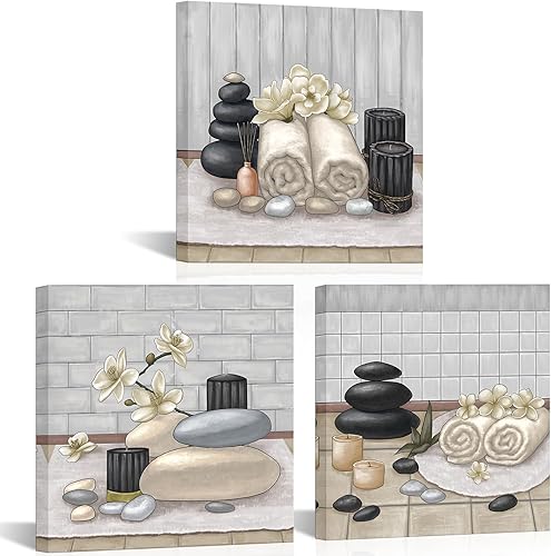 Miniatura 9 de RnnJoile Arte de pared de lienzo para spa con piedra Zen y orquídea, pintura de estilo bodegón amarillo, impresiones para decoración de baño,