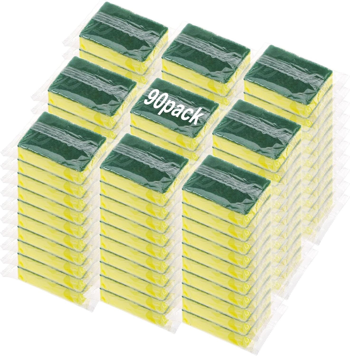 90 Pack Individually Wrapped Sponges Uncompressed Kitchen Dishwashing Non Scratch Scrouing Sponge Bulk for Hotel Car Airbnb Apartments,Green Green and Yellow